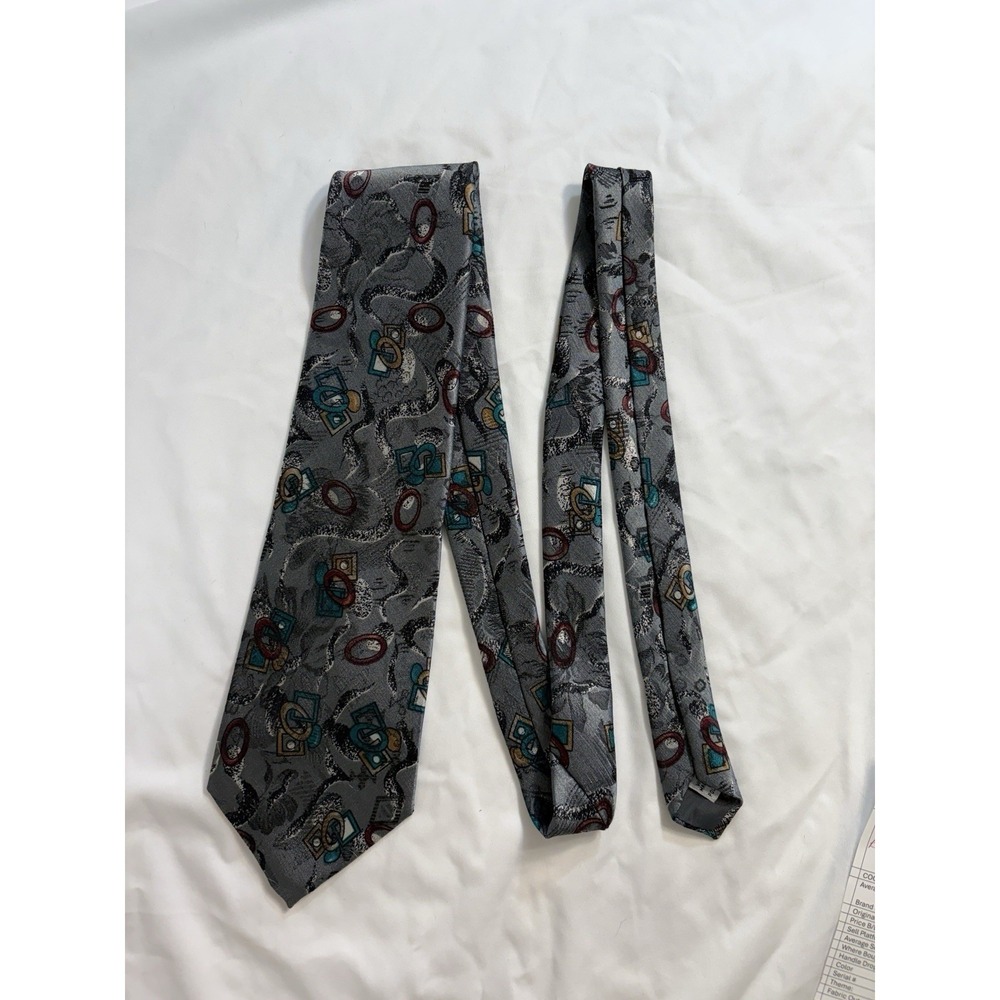 Pierre Cardin Neck Tie designer vintage men's Gray Teal Red Yellow Geometric 60"
